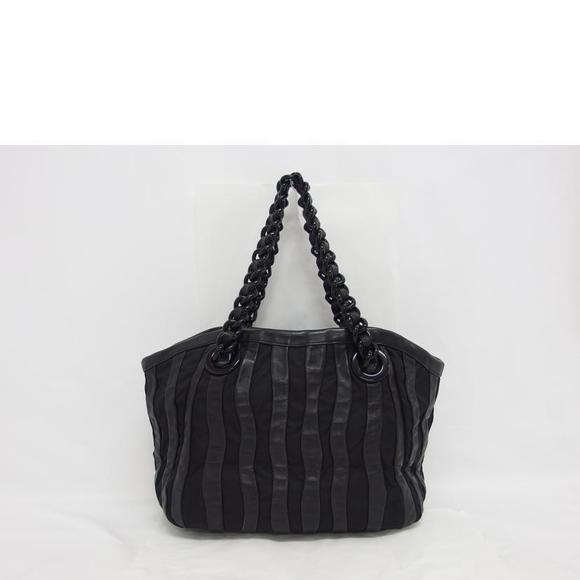 Prada Black Tote Bag Leather Stripe Nylon - Picture 1 of 10